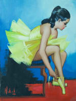 Tableau ancien petite fille ballerine chaussant ses pointes petit rat de l'opéra - Miniature 1