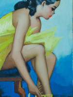 Tableau ancien petite fille ballerine chaussant ses pointes petit rat de l'opéra - Miniature 3