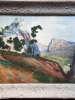 Tableau ancien huile montagne Alpilles signé sommet arboré cadre XXe - Miniature 2