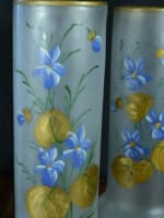 Paire de vases ancien Art Nouveau verre givré fleurs bleues et feuillages or - Miniature 4