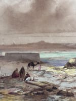 Beau dessin école orientaliste bédouin ruine bord de mer Maroc 1860 Jacob Jacobs - Miniature 1