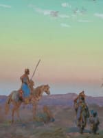 Tableau ancien gouache Paul Pascal cavalier orientaliste paysage ciel XIXe - Miniature 1