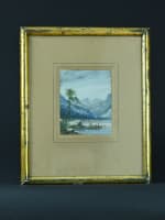 Tableau ancien gouache Paul Pascal vue des Pyrénées animé lac montagne XIXe - Miniature 2