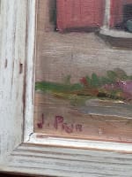 Ancien tableau breton vue de maison façade cour jardin nature morte Jeanne Prin - Miniature 4