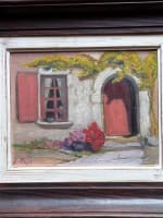 Ancien tableau breton vue de maison façade cour jardin nature morte Jeanne Prin - Miniature 5