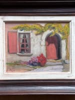 Ancien tableau breton vue de maison façade cour jardin nature morte Jeanne Prin - Miniature 9