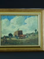 Tableau ancien fin XIXe école impressionniste travaux des champs foins bœufs - Miniature 2