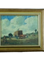 Tableau ancien fin XIXe école impressionniste travaux des champs foins bœufs - Miniature 12