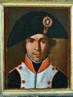 Ancien tableau portrait d'homme soldat bicorne Napoléon Ier Austerlitz Empire - Miniature 1