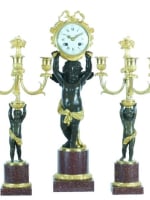 Ancienne pendule signée Henry Dasson bronze doré porphyre amour ange 2 bougeoirs - Miniature 1