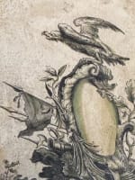 Belle gravure ancienne trophée d'armes canon aigle XVIIIe Pierre Rançon x 2 - Miniature 1