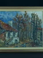 Tableau ancien paysage animé vieille maison en Sologne signé Raymond Besse HST - Miniature 3