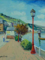 Tableau ancien Kaprielian bord de rivière animé la Seine Normandie Arménie HST - Miniature 3