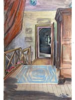 Ancien dessin intérieur maison vue de grenier comble escalier art nouveau signé - Miniature 8