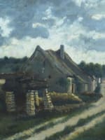 Beau tableau ancien vue de village chaumière ciel Adolphe Hervier Normandie XIXe - Miniature 1