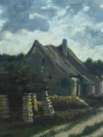 Beau tableau ancien vue de village chaumière ciel Adolphe Hervier Normandie XIXe - Miniature 3