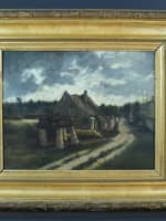 Beau tableau ancien vue de village chaumière ciel Adolphe Hervier Normandie XIXe - Miniature 12