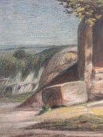 Beau dessin ancien paysage romantique à la fontaine arboré en été pastel 1863 - Miniature 3
