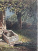 Beau dessin ancien paysage romantique à la fontaine arboré en été pastel 1863 - Miniature 4