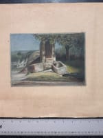 Beau dessin ancien paysage romantique à la fontaine arboré en été pastel 1863 - Miniature 5