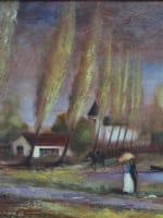 Beau tableau ancien paysage animé cavaliers couple ombrelle R.J Bizet n°1 - Miniature 1