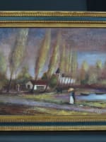 Beau tableau ancien paysage animé cavaliers couple ombrelle R.J Bizet n°1 - Miniature 2
