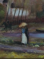 Beau tableau ancien paysage animé cavaliers couple ombrelle R.J Bizet n°1 - Miniature 5