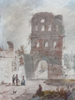 Ancien dessin paysage animée ruines Italie Grand Tour Rome Naples signé Brune - Miniature 9