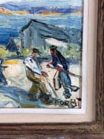 Beau tableau ancien paysage animé bord de mer Bretagne signé Forest Art Déco - Miniature 3