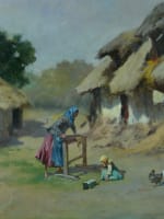 Beau tableau ancien ferme normande animée fillette jouet poule signé Couturier - Miniature 1