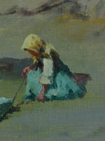 Beau tableau ancien ferme normande animée fillette jouet poule signé Couturier - Miniature 8