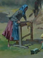 Beau tableau ancien ferme normande animée fillette jouet poule signé Couturier - Miniature 11