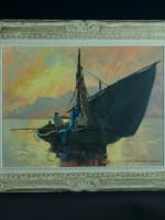 Ancien tableau marine bateau marin golfe de Saint-Tropez le soir Ludovic HST - Miniature 2