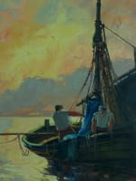 Ancien tableau marine bateau marin golfe de Saint-Tropez le soir Ludovic HST - Miniature 4