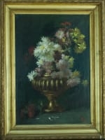 Grand tableau ancien Alexandre Serres Toulouse nature morte vase Dahlia œillets - Miniature 1
