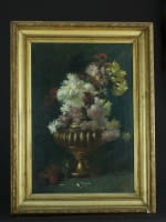 Grand tableau ancien Alexandre Serres Toulouse nature morte vase Dahlia œillets - Miniature 13