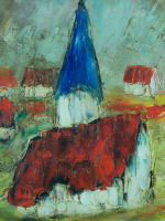 Beau tableau modern expressionniste D'Anty paysage maison toit rouge peinture - Miniature 1