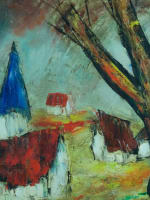 Beau tableau modern expressionniste D'Anty paysage maison toit rouge peinture - Miniature 6