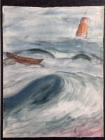 Ancienne aquarelle Gabrielle Bellocq vers 1960 vue de mer agitée - Miniature 2