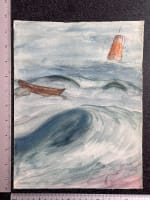 Ancienne aquarelle Gabrielle Bellocq vers 1960 vue de mer agitée - Miniature 5