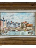 Tableau huile vue du port d'Honfleur Normandie bateaux signé Lebel HST marine - Miniature 1