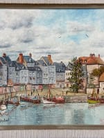 Tableau huile vue du port d'Honfleur Normandie bateaux signé Lebel HST marine - Miniature 2
