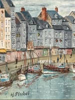 Tableau huile vue du port d'Honfleur Normandie bateaux signé Lebel HST marine - Miniature 3
