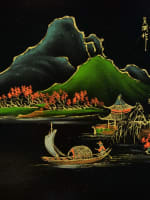 Ancien panneau en laque Viêt Nam Indochine signé Thanh Lê paysage Mékong rare - Miniature 3