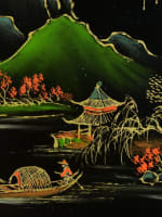 Ancien panneau en laque Viêt Nam Indochine signé Thanh Lê paysage Mékong rare - Miniature 6