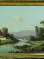 Tableau ancien Alfred Godchaux paysage animé montagne Pyrénées rivière printemps - Miniature 1