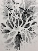 Ancienne gravure 1979 signé André Goezu Homme et oiseaux Judaïca école de Paris - Miniature 3