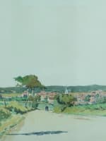 Ancien dessin paysage portrait cycliste à l'entrée d'un village Henri Bréard - Miniature 3