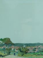 Ancien dessin paysage portrait cycliste à l'entrée d'un village Henri Bréard - Miniature 5