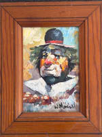 Ancien tableau huile sur panneau signé William Moninet, portrait de clown cirque - Miniature 3